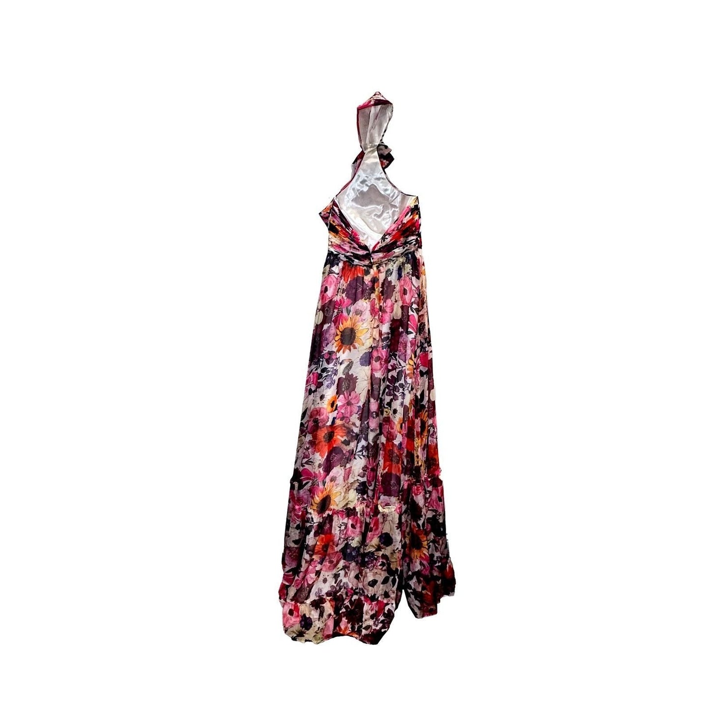 Asymmetrical Ruffled Halter Floral Gown – White Multi