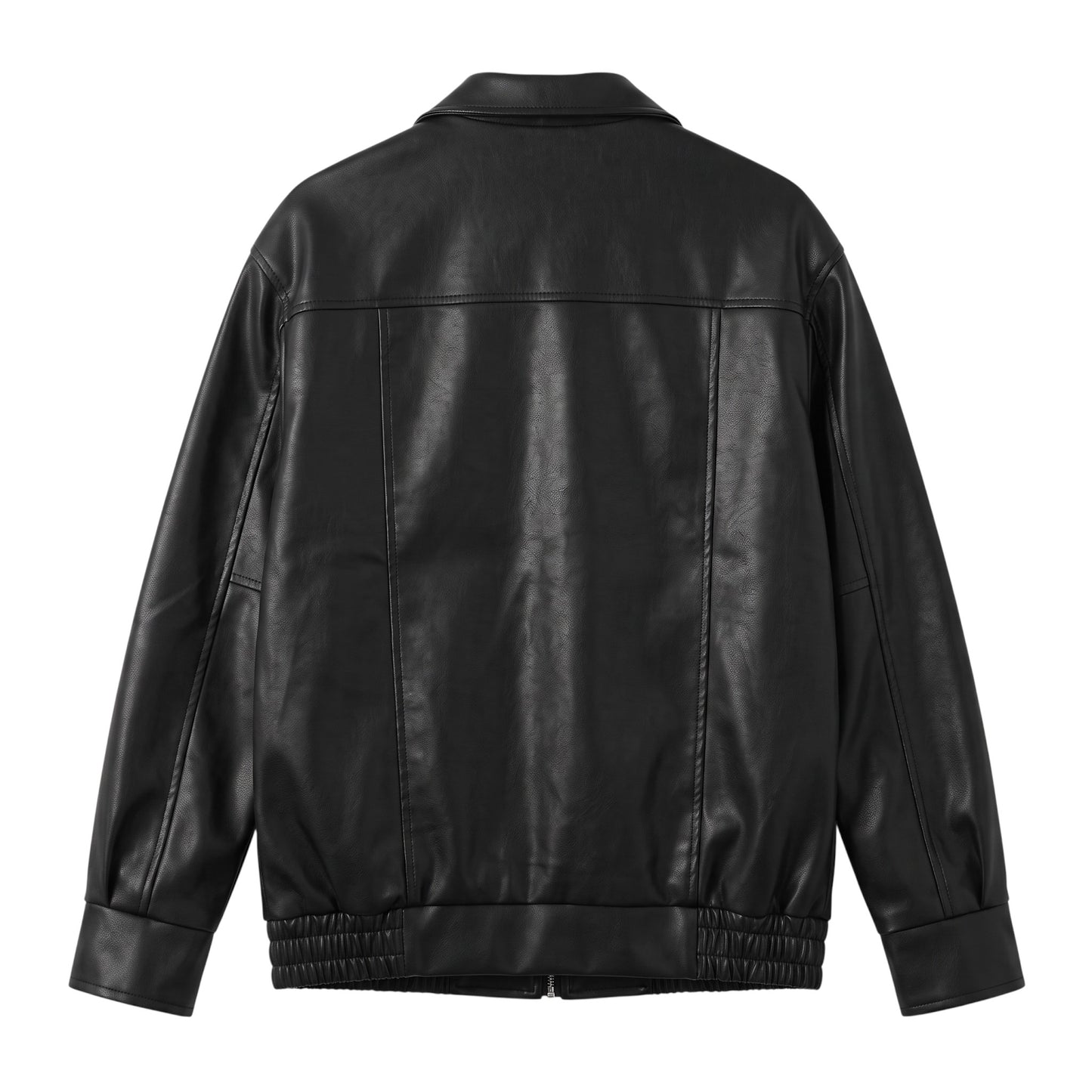 Back view of a black faux leather bomber jacket from Creatively Chaotic Luxury Boutique with a ribbed hem.