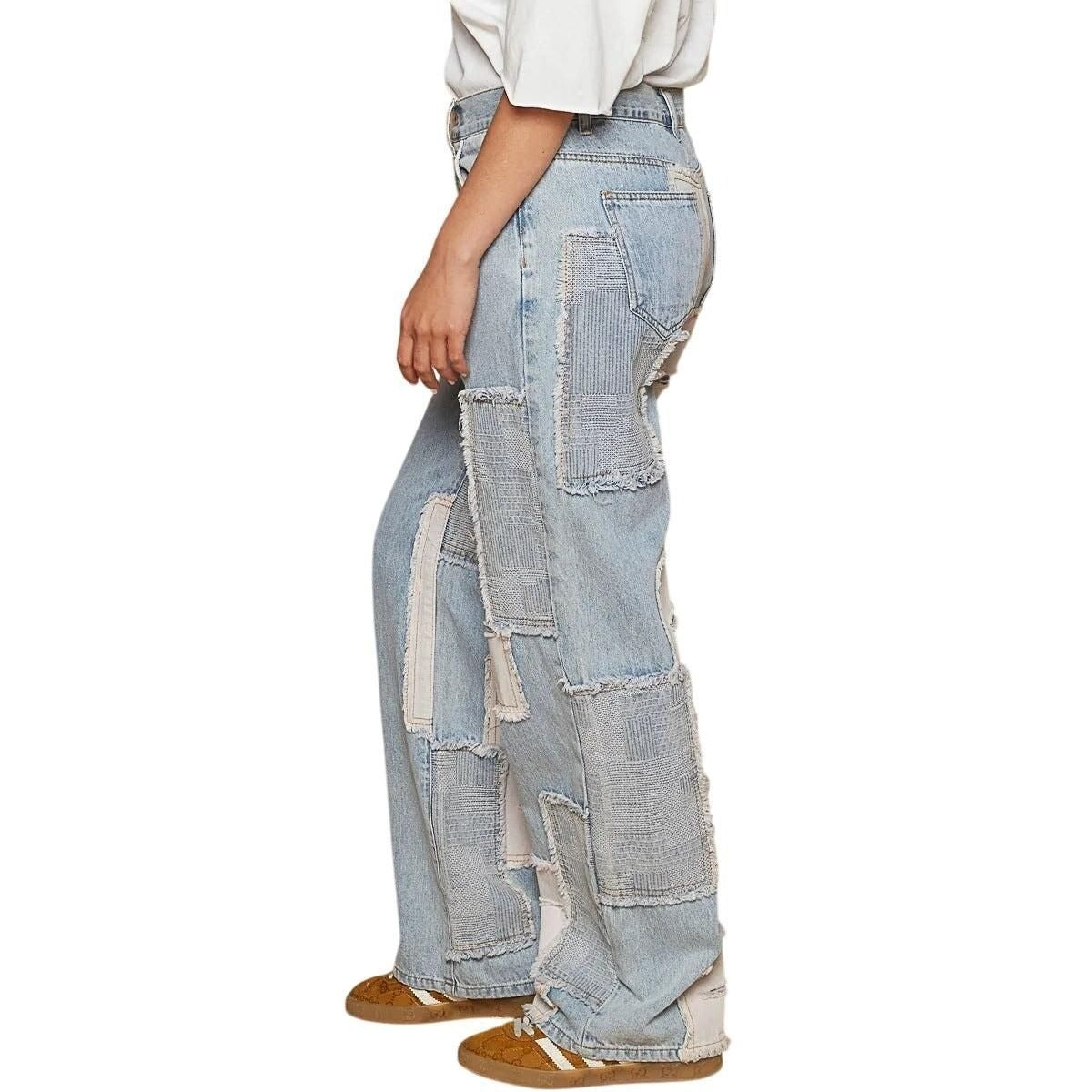 Contrast Patched Raw Hem Straight Jeans