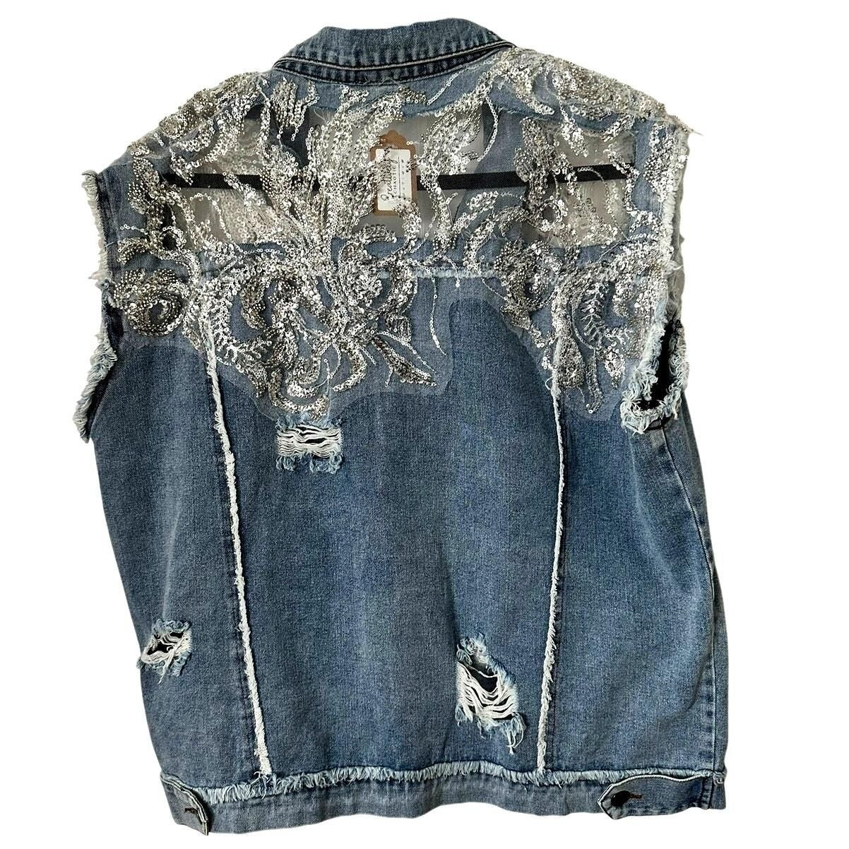 Blue Embellished Denim Vest
