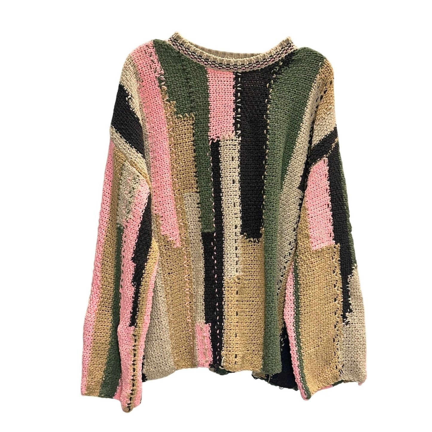 Color Block Chunky Knit Sweater – Green/Beige/Pink