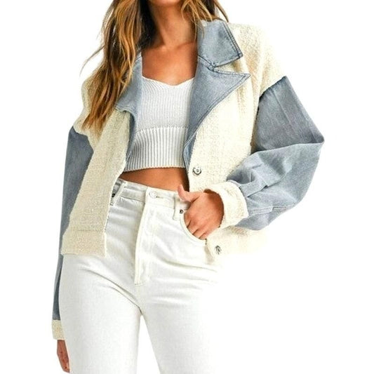 Tweed & Denim Jacket – Ivory/Light Blue