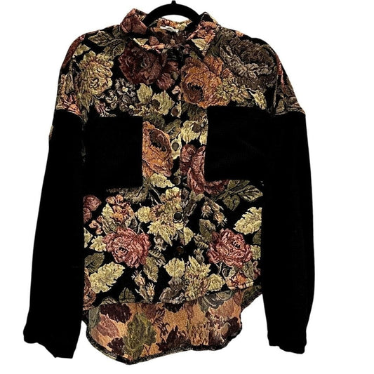 Mixed-Media Floral Patch Button-Down Shirt