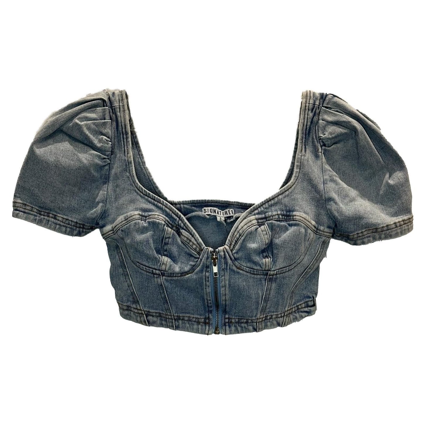 Jordi Puff Sleeve Denim Crop Top – Medium Wash