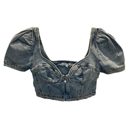 Jordi Puff Sleeve Denim Crop Top – Medium Wash