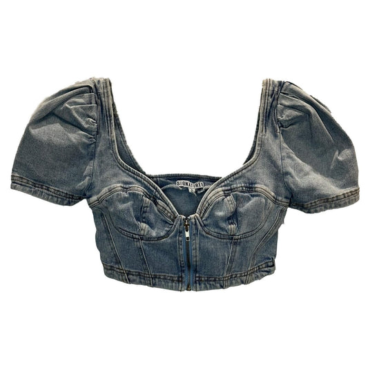 Jordi Puff Sleeve Denim Crop Top – Medium Wash