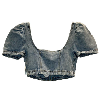Jordi Puff Sleeve Denim Crop Top – Medium Wash
