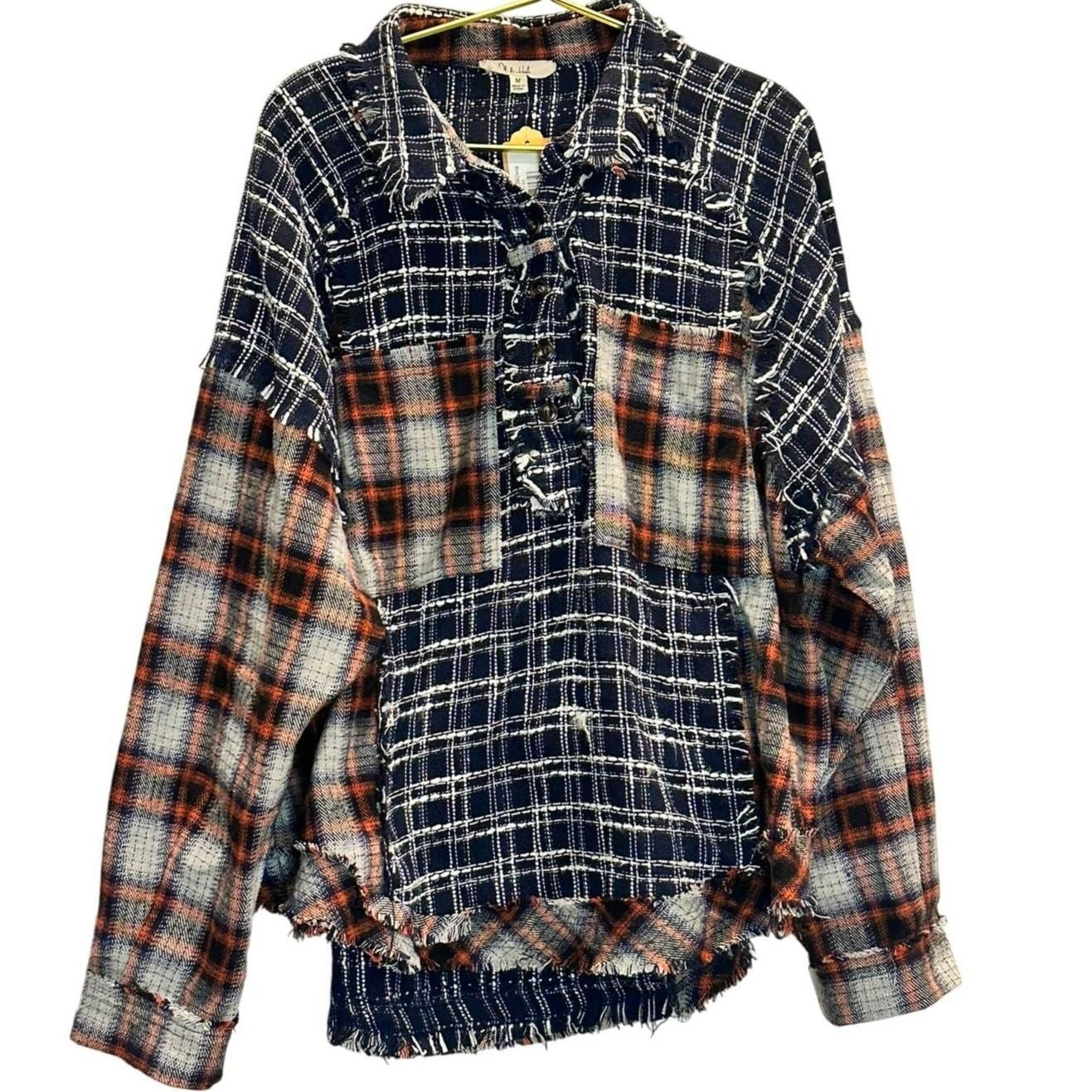 Color Block Frayed Hem Plaid Shacket – Blue/Red Plaid