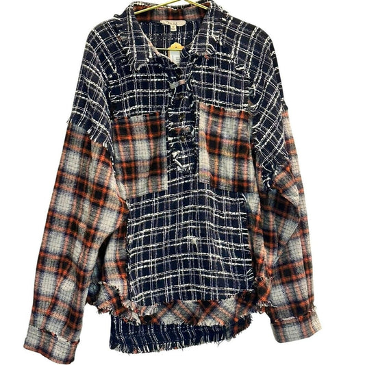 Color Block Frayed Hem Plaid Shacket – Blue/Red Plaid