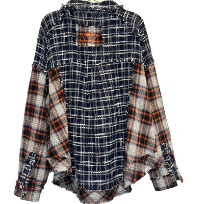 Color Block Frayed Hem Plaid Shacket – Blue/Red Plaid