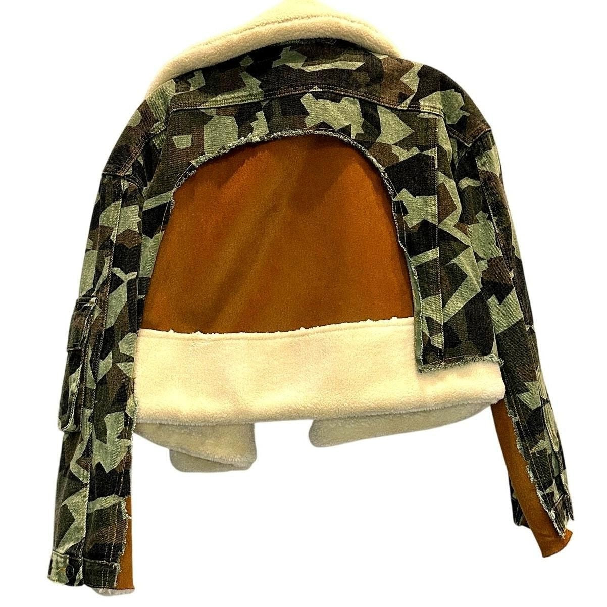 Mixed Media Camo Denim & Faux Suede Sherpa Jacket