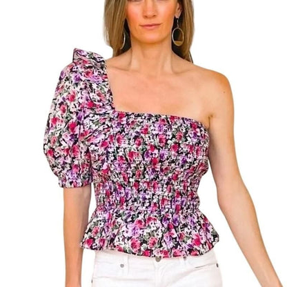 Floral One-Shoulder Smocked Top – Multi