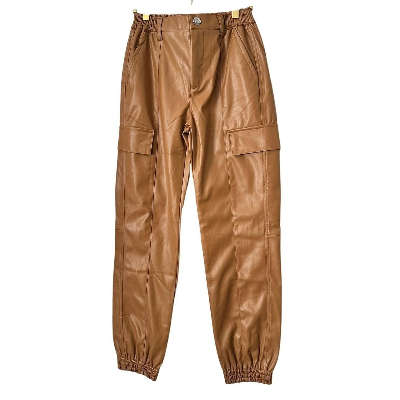 Elastic Waist Faux Leather Cargo Joggers – Camel