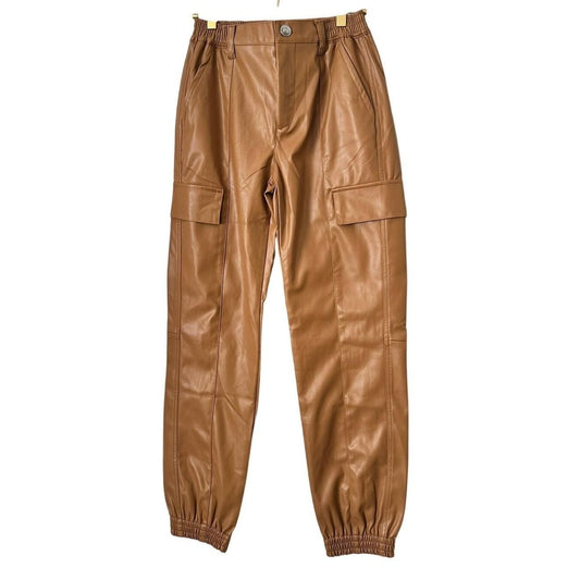 Elastic Waist Faux Leather Cargo Joggers – Camel