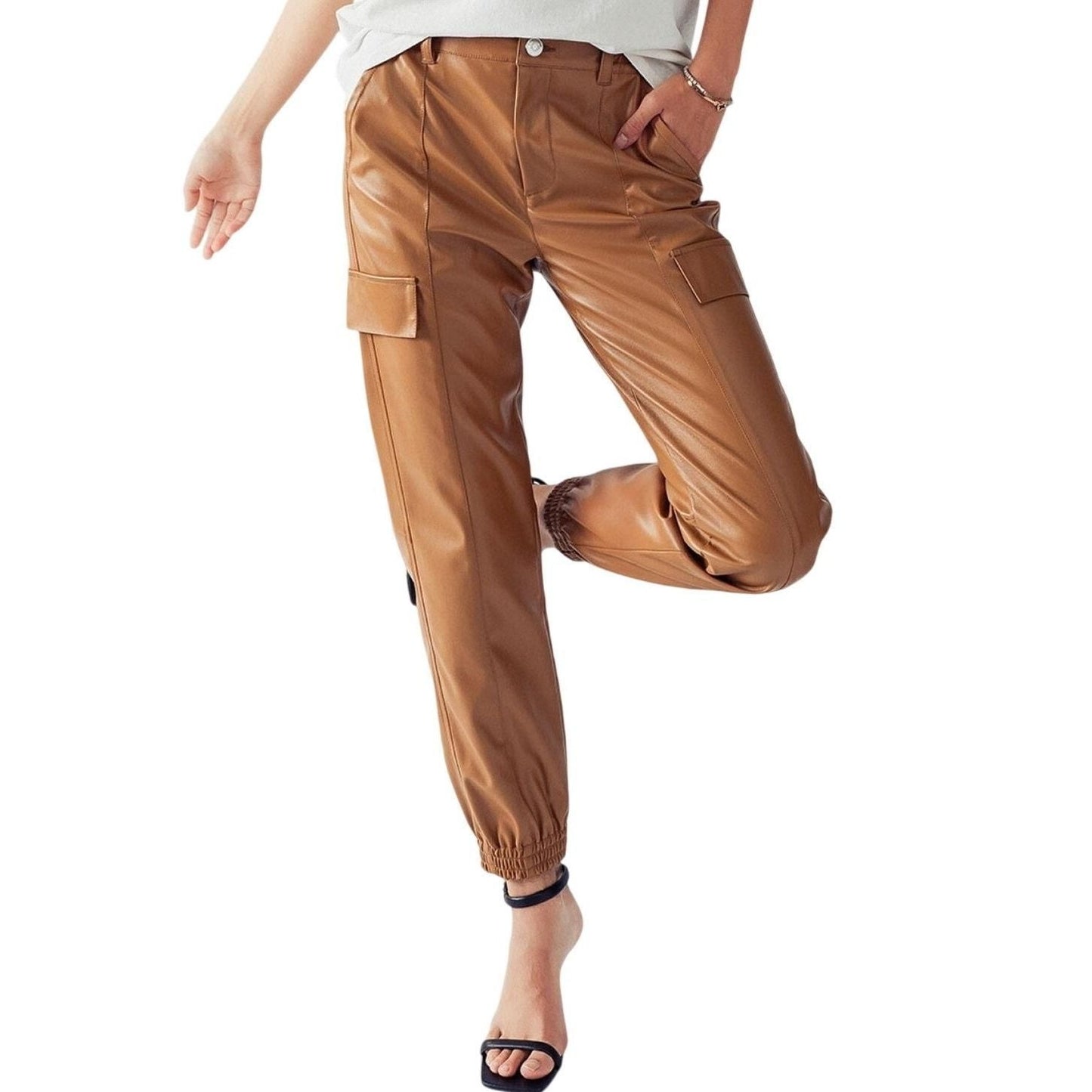 Elastic Waist Faux Leather Cargo Joggers – Camel