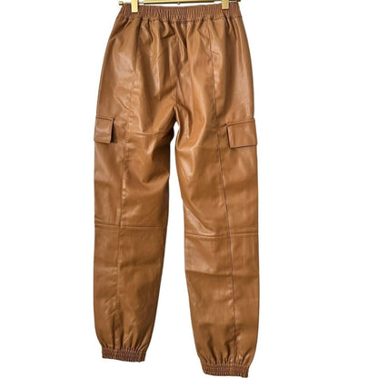 Elastic Waist Faux Leather Cargo Joggers – Camel