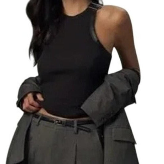 Faux Leather-Trimmed Tank – Black