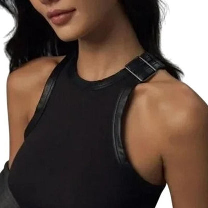 Faux Leather-Trimmed Tank – Black