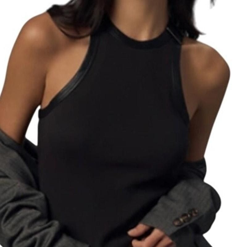 Faux Leather-Trimmed Tank – Black