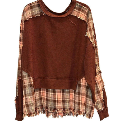 Waffle Knit Plaid Contrast Pullover – Mocha/Pink Plaid