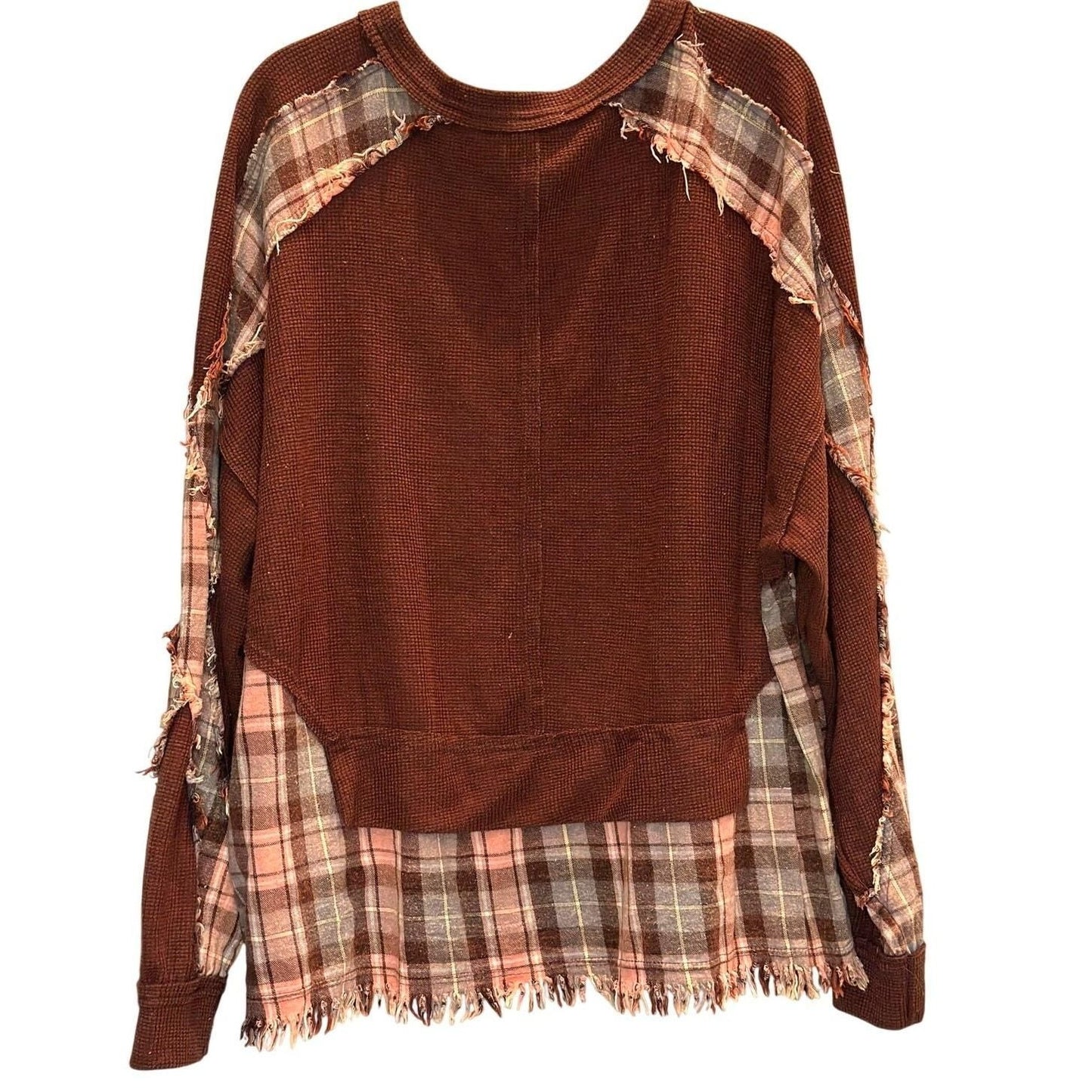 Waffle Knit Plaid Contrast Pullover – Mocha/Pink Plaid