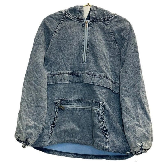 Acid Wash Denim Half-Zip Pullover Hoodie