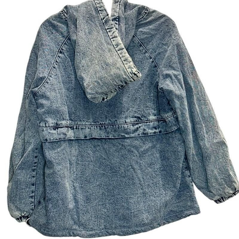 Acid Wash Denim Half-Zip Pullover Hoodie