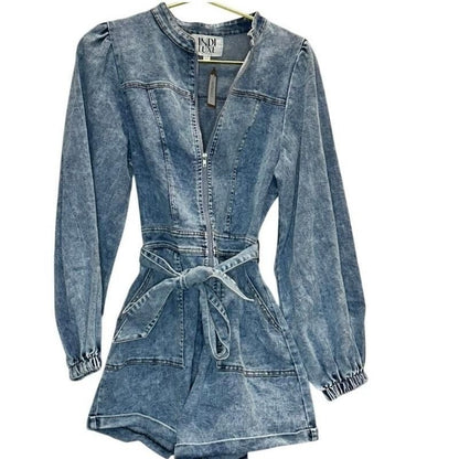 Belted Zip-Up Denim Romper