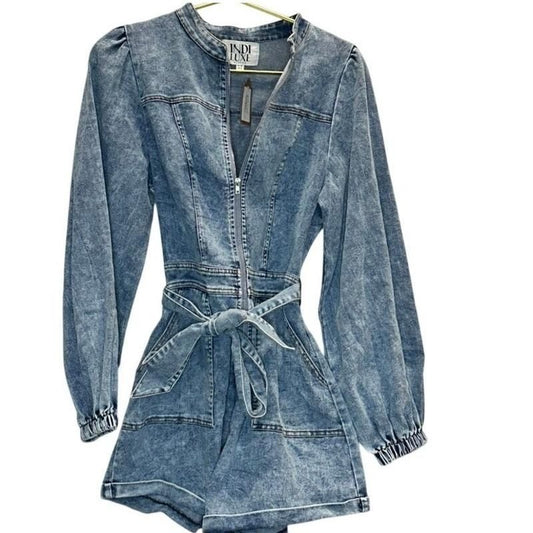 Belted Zip-Up Denim Romper
