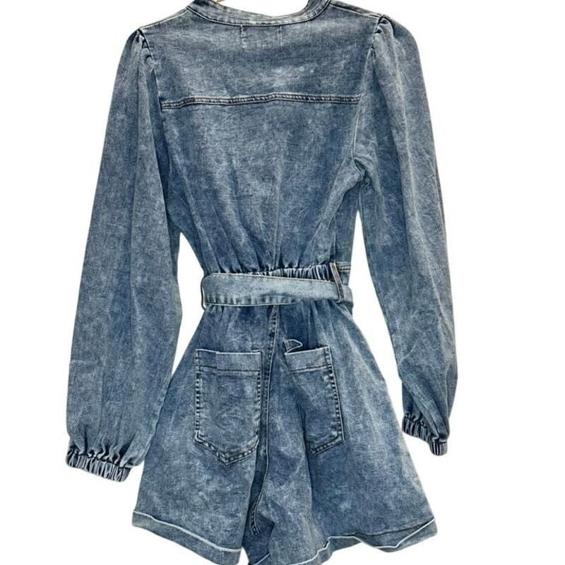 Belted Zip-Up Denim Romper