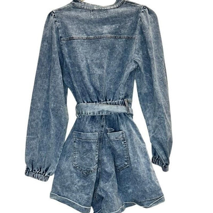 Belted Zip-Up Denim Romper