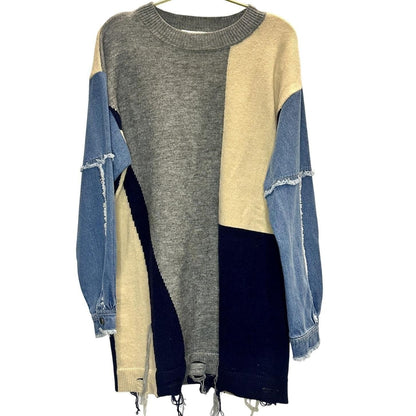 Colorblock Sweater Dress with Denim Sleeves