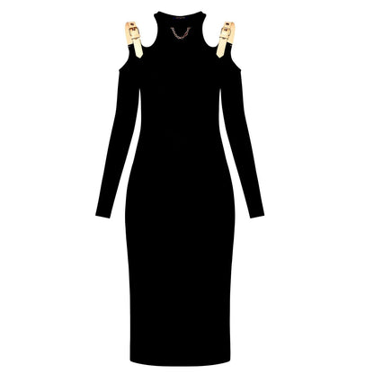 Long Sleeve Eyelet Tab Dress w/ Buckle Straps