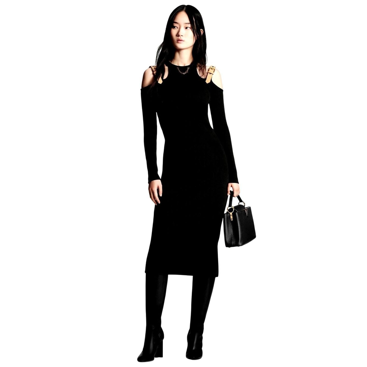 Long Sleeve Eyelet Tab Dress w/ Buckle Straps