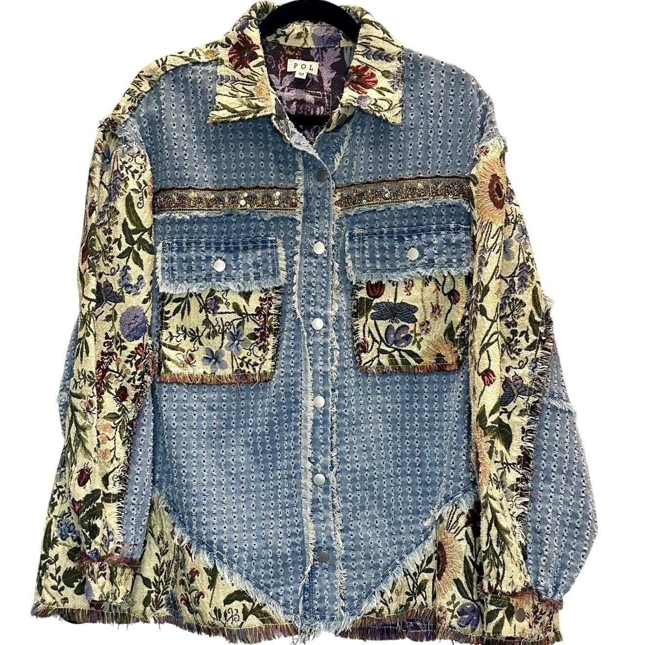 Floral Tapestry Denim Beaded Shacket