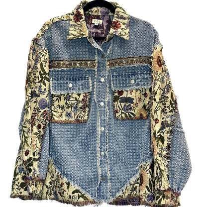 Floral Tapestry Denim Beaded Shacket