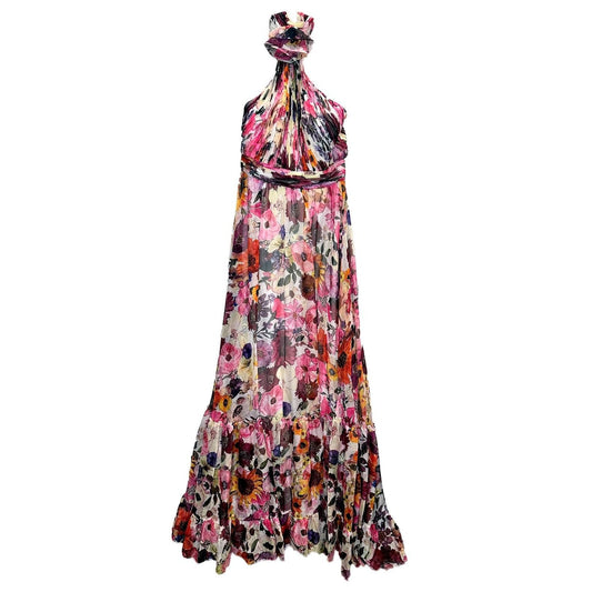 Asymmetrical Ruffled Halter Floral Gown – White Multi