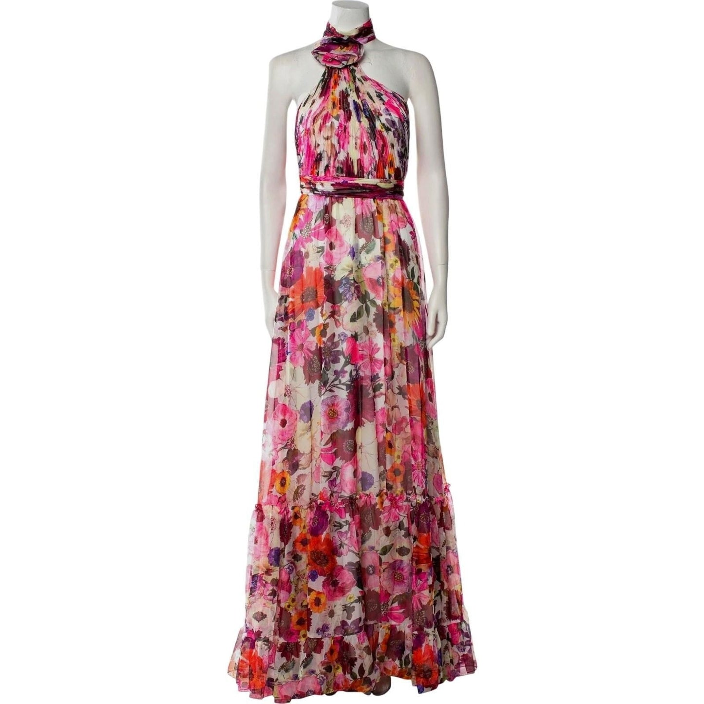 Asymmetrical Ruffled Halter Floral Gown – White Multi