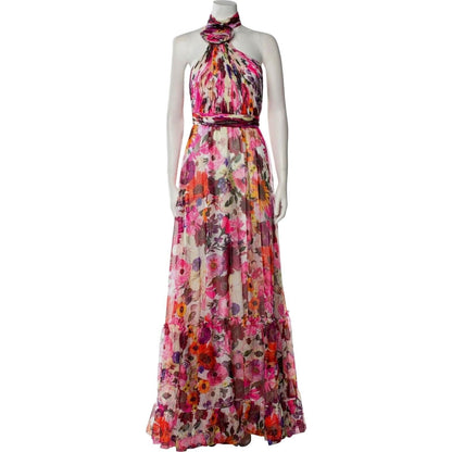 Asymmetrical Ruffled Halter Floral Gown – White Multi