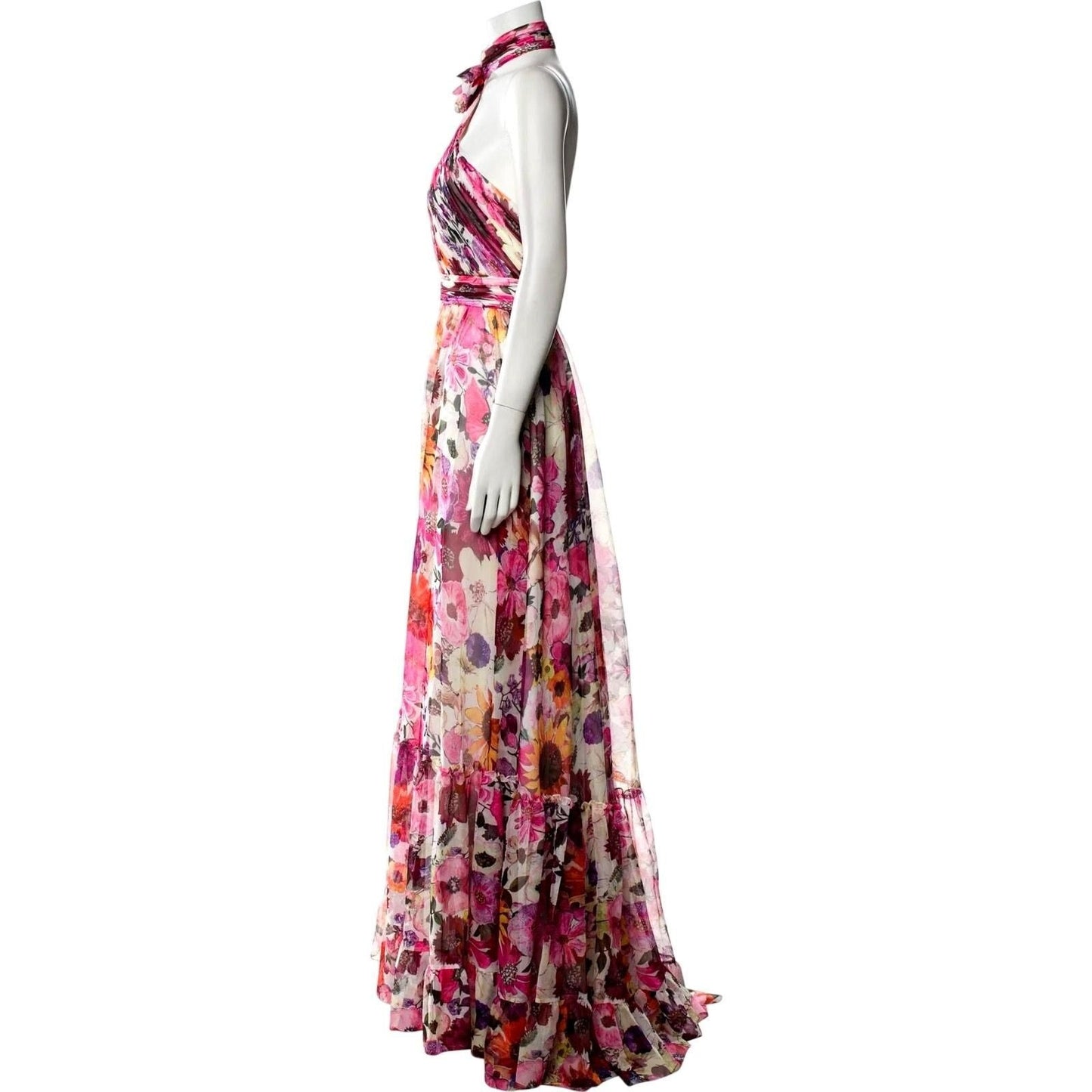 Asymmetrical Ruffled Halter Floral Gown – White Multi