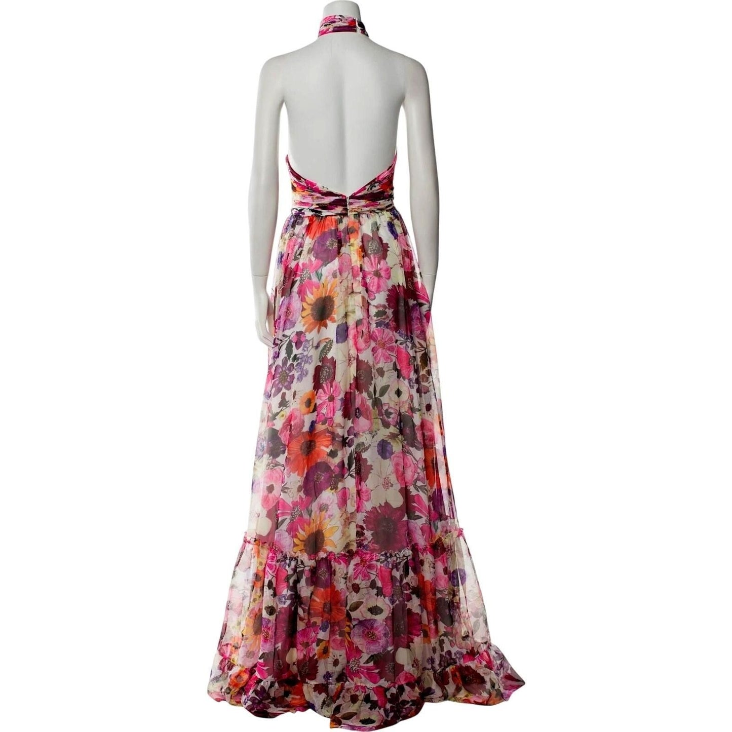 Asymmetrical Ruffled Halter Floral Gown – White Multi