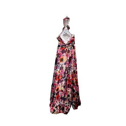 Asymmetrical Ruffled Halter Floral Gown – White Multi