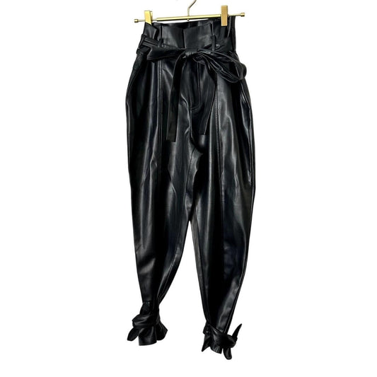 Faux Leather Ankle Tie Pants – Black