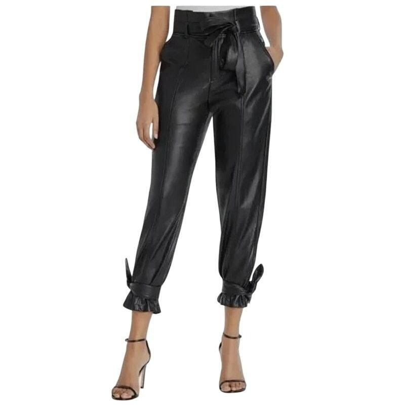 Faux Leather Ankle Tie Pants – Black