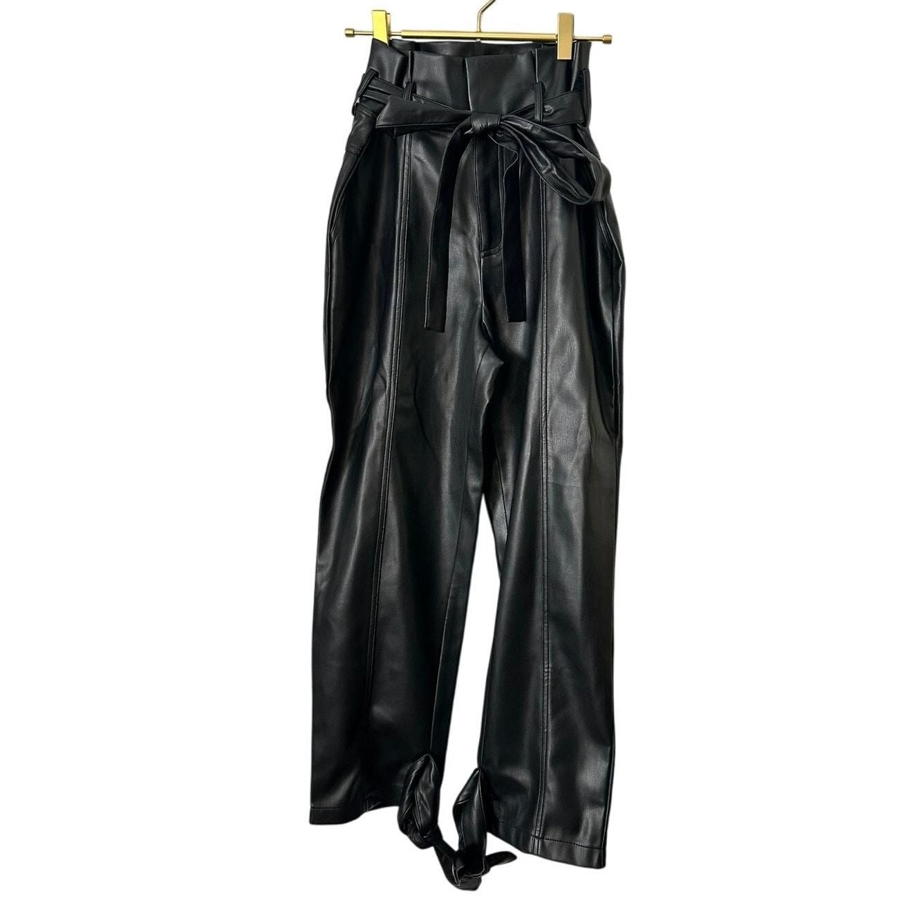 Faux Leather Ankle Tie Pants – Black