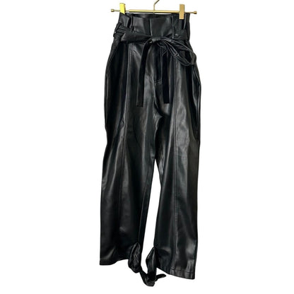 Faux Leather Ankle Tie Pants – Black