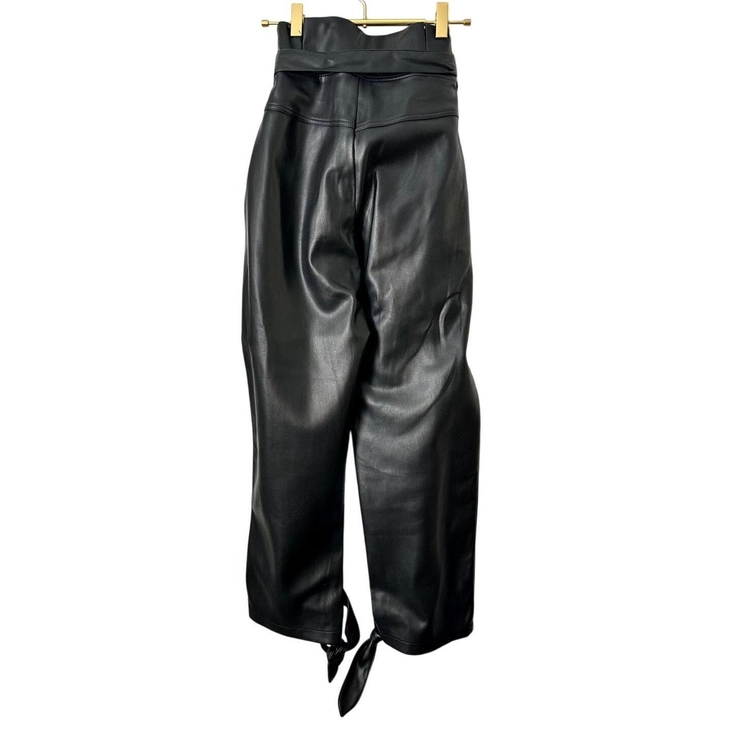 Faux Leather Ankle Tie Pants – Black