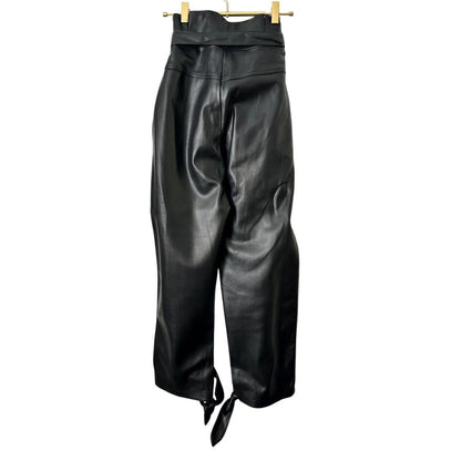 Faux Leather Ankle Tie Pants – Black