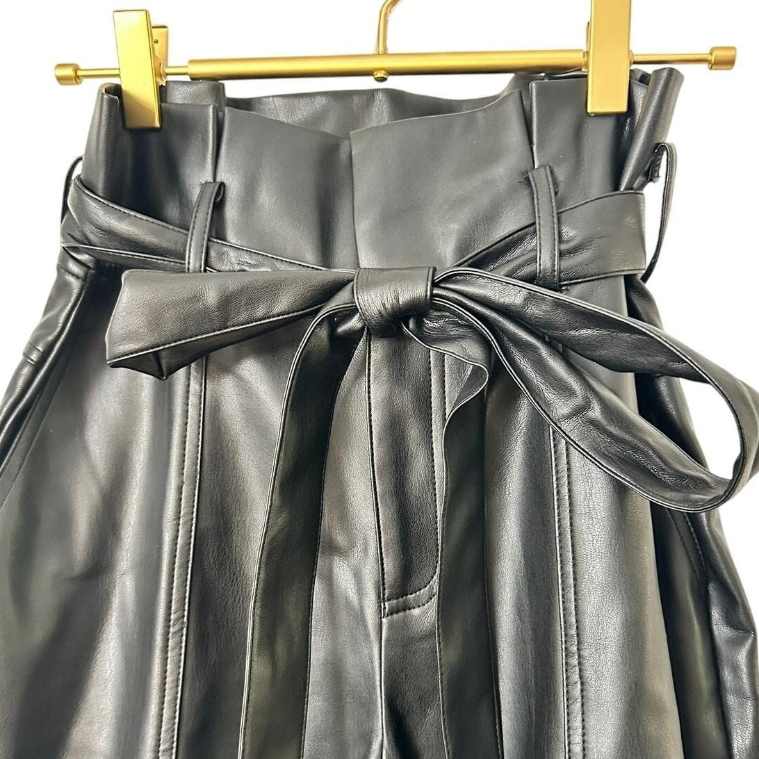 Faux Leather Ankle Tie Pants – Black