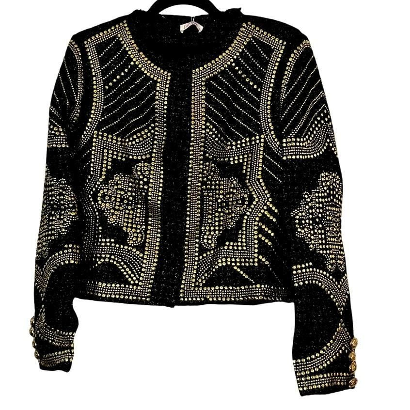 Embellished Studded Tweed Jacket – Black/Gold